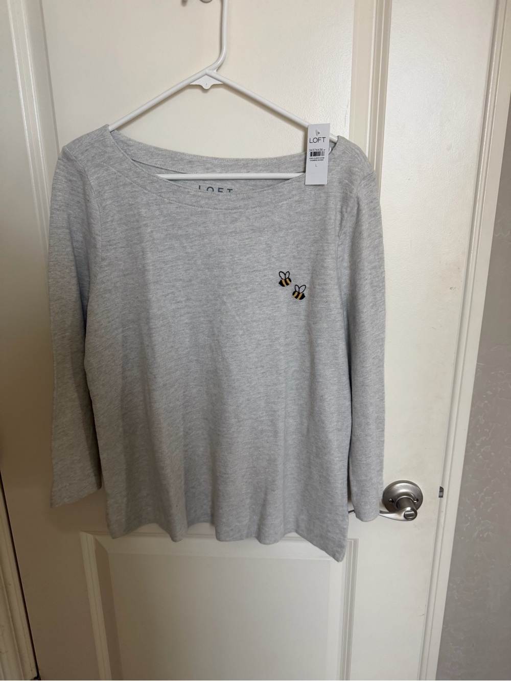 LOFT Light Heather Gray Long Sleeve Top with Bee Embroidery